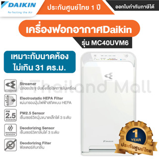 เครื่องฟอก เครื่องฟอกอากาศ DAIKIN รุ่น MC40UVM6 ครอบคลุมพื้นที่ 31 ตารางเมตร - ประกันศูนย์ DAIKIN  1 ปี