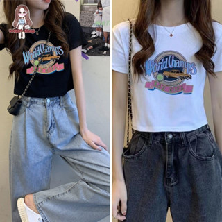 เสื้อยืดเอวลอย 👚เเขนสั้นคอกลม สกีนลาย 👚สวยเทห์สุดๆๆไปเลย🛒 สินค้าพร้อมส่ง TS1041