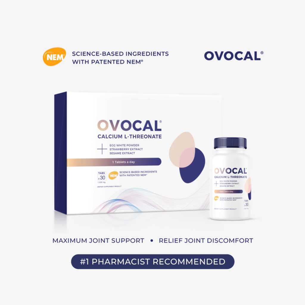 Ovocal Calcium L-Threonate + NEM® for joint Pack 6*30 tab อาหารเสริมฟื้นฟูข้อเข่าเสื่อม ปวดเข่า กระดูกทับเส้น จากสหรัฐ