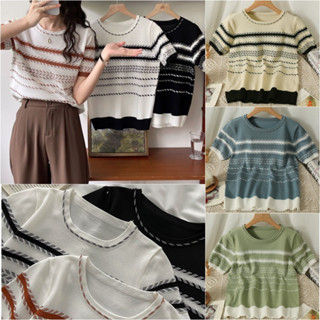 MCB13506 ใหม่ เสื้อยืดลําลองลายทางแฟชั่นสําหรับสตรีแขนสั้นติดโบว์สไตล์เกาหลีเหมาะกับฤดูร้อน free size มี6สี