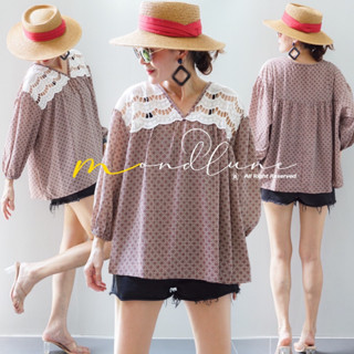 MondLuneCloth  New arrivals Korea style  เสื้อคอกลมเเขนพองเเต่งลูกไม้ดูเก๋ทรงเบสิคทันสมัย ผ้าจอร์เจียญี่ปุ่นเนื้อลื่นพริ