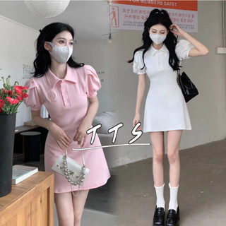 TTS 🌸 พร้อมส่ง🔥เดรสแขนสั้นโปโลผูกเอว เดรสหวานแขนพัฟฝรั่งเศส