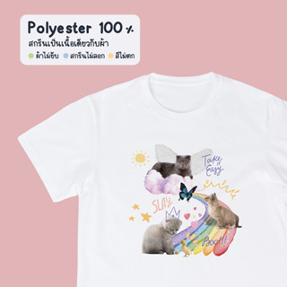 Fancy cat เสื้อยืด สีขาว Polyester 100%