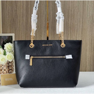 🎀 (สด-ผ่อน) 35F2GTTT2L Michael Kors Jet Set Medium Front Pocket Chain Top Zip Tote Black Pebbled Leather ขนาด ปาก15"