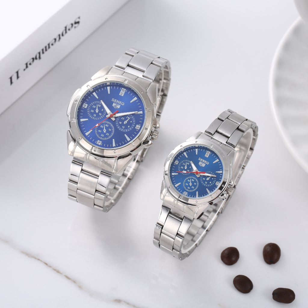 SENKQ LH-1นาฬิกาข้อมือควอตซ์ แบบคู่รัก สีดำ สำหรับผู้หญิงและผู้ชาย