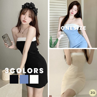 💥HOT SALE💥ชุดเดรสไหมพรมสั้นเกาะอกขอบขาว ทรงเข้ารูป 3 สี