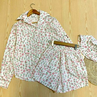 ♡NN | SET 3ชิ้น เสื้อเชิ้ต+กางเกงขาสั้น+หมวก ลายดอกเล็กน่ารัก