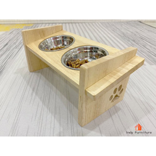 ชุดถ้วยอาหารแมว ไม้ยางพารา รุ่น Cat-01 สีธรรมชาติ