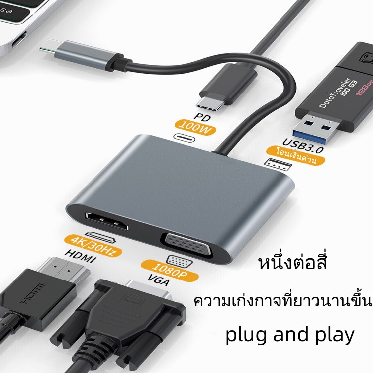 MGBB สายเคเบิลอะแดปเตอร์ Type-C ถึง HDMI+VGA+PD+USB สถานีเชื่อมต่อพอร์ต USB-C อะแดปเตอร์แล็ปท็อป