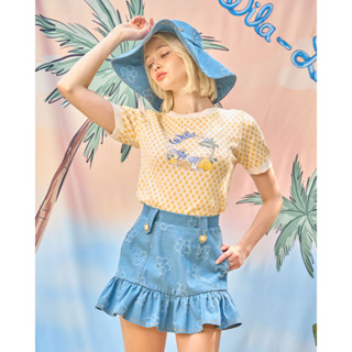 Wila-BLOSSOM DENIM SKIRT-LIKED SHORTSกางเกงกระโปรงขาสั้นผ้ายีนส์สีฟ้าทอลาย Lemon Blossom ระดับเอวกลาง