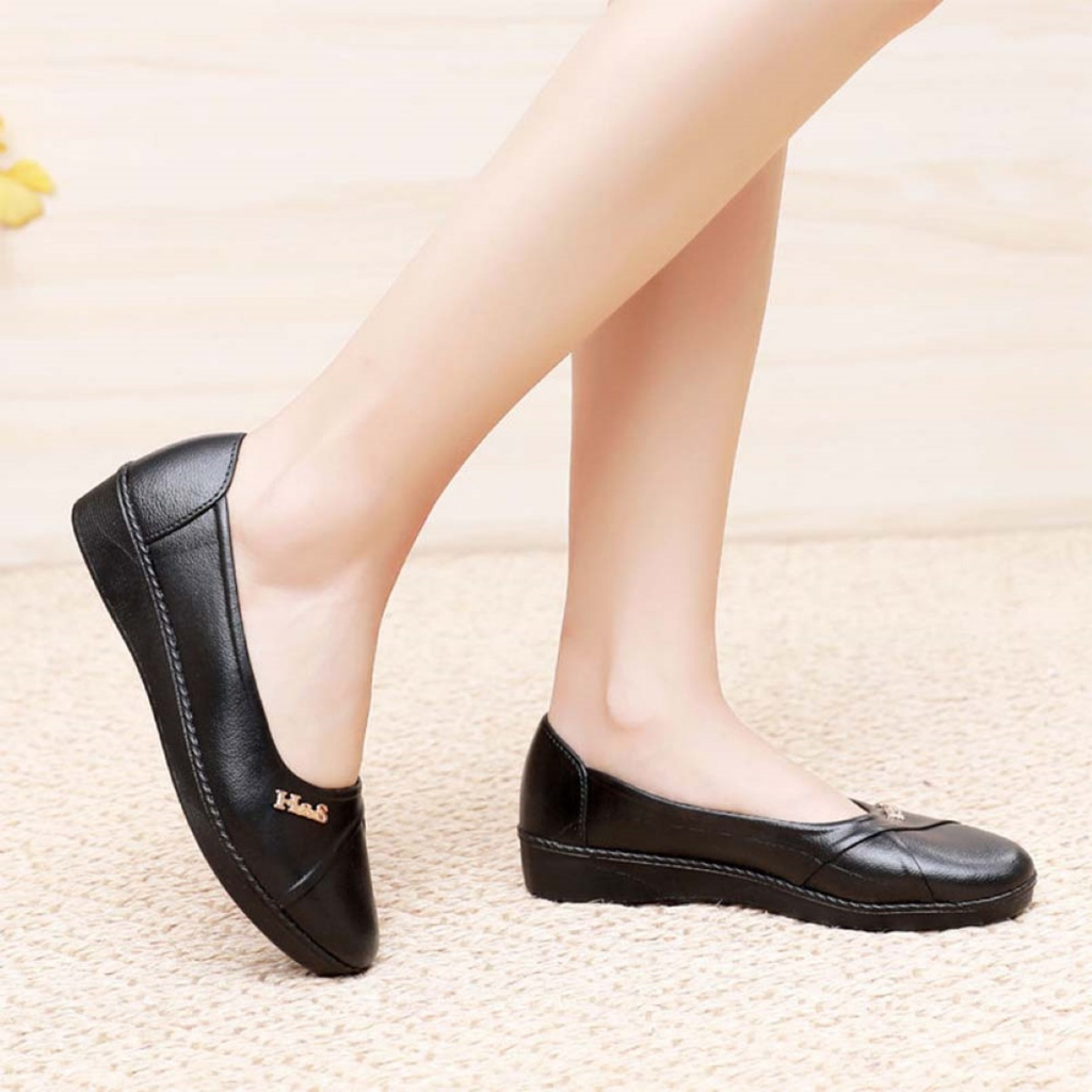 รองเท้าคัชชูส้นหนา หัวแหลม ประดับหมุด H&S หนังเงาพื้นยางนิ่ม สีพื้น 4 สี เบอร์ 36-40 (90) - รูปที่ 6