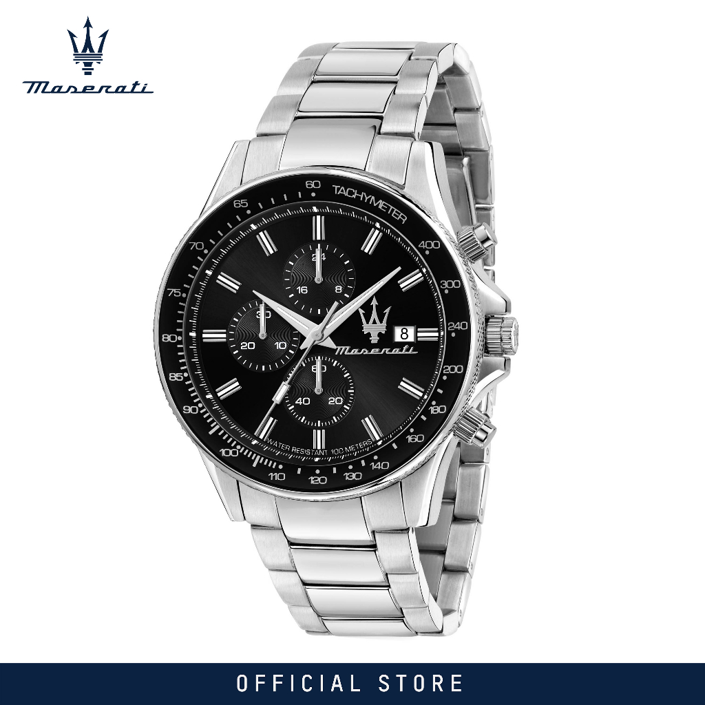 【2 Years Warranty】 Maserati Sfida 44mm Black Dial Men's Stainless Steel Chronograph Quartz นาฬิกาข้อ