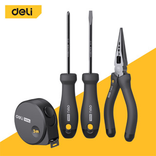 Deli ชุดเครื่องมือช่าง4in1 ตลับเมตร ไขควงหัวแฉก ไขควงหัวแบน คีมปากแหลม อุปกรณ์ช่าง ใช้งานง่าย ทนทาน Household Tool Set