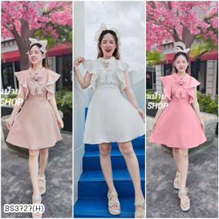 BS3727  เดรสสั้นผ้าซาร่า คอปกแขนระบาย แต่งฟู่ ติดเข้มกลัดสวยๆ  ซิปหลัง เอวดึงยางเข้ารูป ดีเทลสุดหรู พร้อมส่ง  ---นางแบบใ
