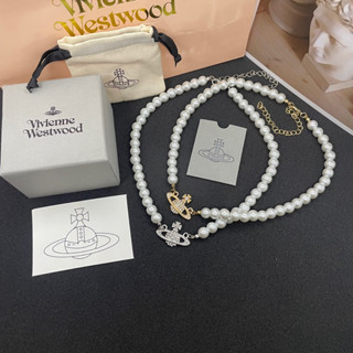 VIVIENNE WESTWOOD MINI BAS RELIEF PEARL CHOKER สร้อยคอไข่มุกวิเวียน จี้ฝังเพชรดาวเสาร์  อะไหล่เงิน - ทอง ปรับสายได้