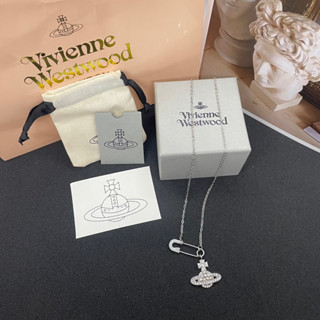 VIVIENNE WESTWOOD LUCRECE PENDANT NECKLACE สร้อยคอวิเวียน เวทวู๊ด อะไหล่เงิน จี้รูปเข็มกลัด งานฝังเพชร ภาพถ่ายสินค้าจริง