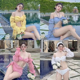 Teera❤️พร้อมส่ง✨Set’ bikini ◡̈ ⑅ บิกีนีเซต 3 ชิ้น มีผ้าคลุม ดีเทลแขนยาวเปิดไหล่ goodluck