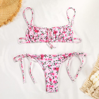 พร้อมส่ง🌹 Bikini rose pink บิกินี่ลายดอกกุหลาบ สีชมพูหวาน ชุดว่ายน้ำทูพีช สายฝอเซกซี่