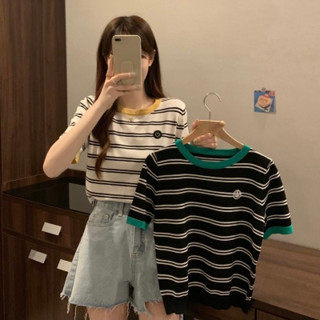 👚Anna👚เสื้อยืดแขนสั้นลําลอง คอกลม ทรงหลวม ลายทาง สีพื้น เข้ากับทุกการแต่งกาย สไตล์วินเทจ แฟชั่นฤดูร้อน สําหรับสตรี45615