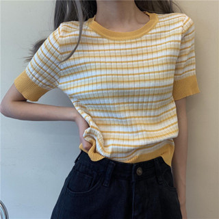 TA-01-เสื้อลายทางแฟชั่น เสื้อครอปน่ารัก สีสันสดใส ไหมพรมแขนสั้น SUNBALEE