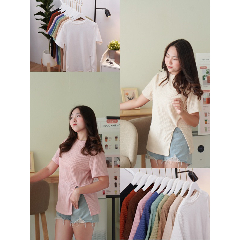 เสื้อยืดคอกลม แขนสั้น ดีเทลผ่าข้าง ผ้านุ่ม ผ้าท็อฟฟี่ เหมาะกับการลำลอง แมชท์ลุคง่าย  10 สีทั้งหมด พร้อมส่ง