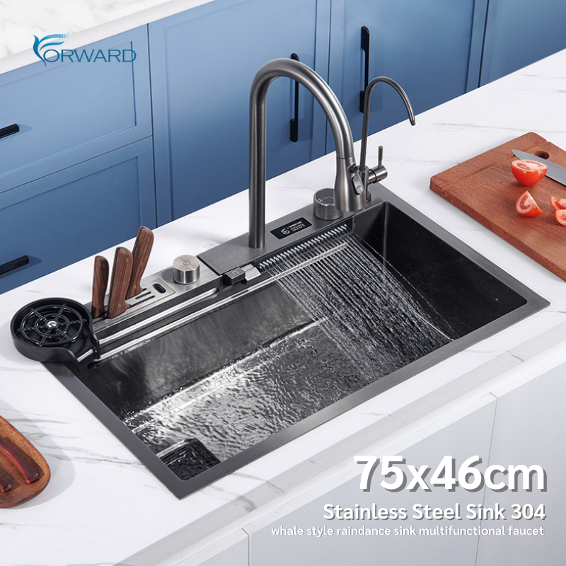 ซิงค์ล้างจาน อ่างล้างจาน 1หลุม วัสดุสแตนเลส304 เคลือบนาโนสีดำ ขนาด75x46ซม. black stainless steel sink รุ่น HM202213