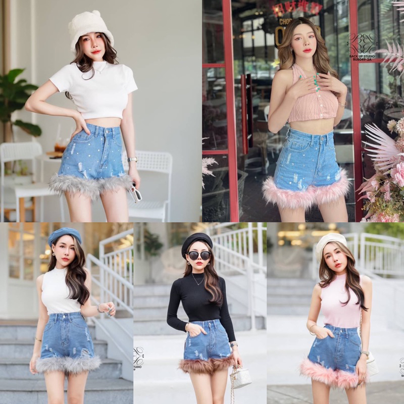 กางเกงยีนส์ขาสั้น เเต่งขนๆฟูๆ ขนอินเตอร์เฟส (S-6XL)