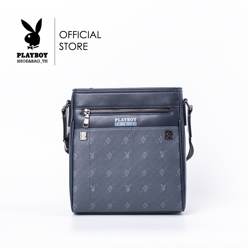 Playboy:Vanity Men's Bag กระเป๋าสะพายข้างผู้ชายรุ่น ST-B232PBM249-BL ดีไซน์ทรงเเมสเซนเจอร์สกรีนลายเส้นไข่ปลา สีกรม