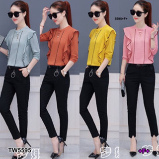 CS5595 Set 2 ชิ้น เสื้อแขยาวแต่งระบาย+กางเกงขายาว Set 2 pieces. Long sleeve shirt with ruffles + trousers.