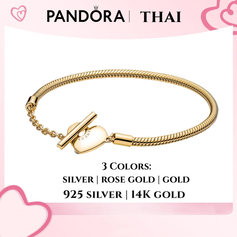[ส่งจากกรุงเทพ]Pandora แท้ เงิน925 14K สร้อยข้อมือ กำไล Heart T-Button Snake Bone Chain Bracelet 100%