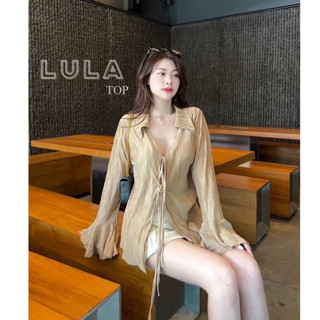 NEW💖 LULA top เสื้อแขนยาวคอปกแต่งระบายที่แขน เสื้อผูกอกไปทะเล ป้าย SHEENy (ลายคลื่น)