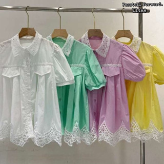 🇰🇷New🇰🇷  Korea laced colorful shirt Shirtแขนสั้นใส่สบายๆ งานสวยหรูหรามากก ดีเทลลูกไม้ที่ปก ต่อชาย ระบายลูกไม้สุดหรูสวย