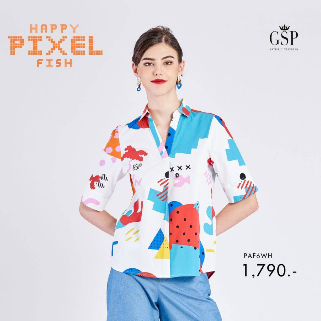 GSP Woman's shirt Happy pixel fish เสื้อเชิ้ตผู้หญิง แขนสั้น สีขาว PAF6WH