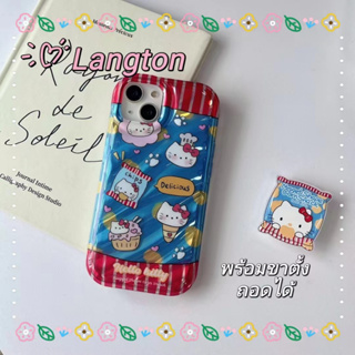 🌈Langton🌸ป้องกันการหล่น iphone 11 14 pro max ขาตั้ง ถอดได้ เส้นขอบโปร่งใส การ์ตูน Hello Kitty case for iPhone 12 13