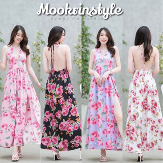 Mookrinstyle เดรสลายดอกสายผูกคอ โชว์หลัง ดึงสม้อค สวมใส่สบายผ้าพริ้ว มี4สี กระโปรงผ่าหน้า ชุดเดินชายหาดใส่ไปทะเล