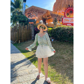 CiCi Plus+ SALE(3123)SETเสื้อแขนยาวผ้าชีฟอง+กระโปรง เชือกสามารถรูดปรับได้ กระโปรงแต่งระบาย 2 ชั้น มีซับใน สไตล์น่ารักๆ
