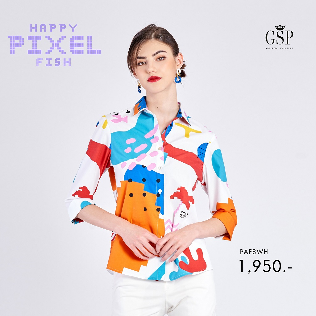 GSP Woman's shirt Happy pixel fish เสื้อเชิ้ตผู้หญิง แขนสามส่วน สีขาว PAF8WH