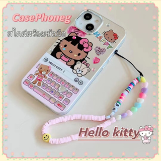 🍑CasePhoneg🍑ป้องกันการหล่น ขอบเต็ม สไตล์สร้อยข้อมือ iPhone 11 14 pro max การ์ตูน Hello Kitty เงิน case for iPhone 12 13