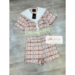 Ariya:set เสื้อ+กางเกง ผ้าลาย  เสื้อปกคอ(*รบกวนเช็คสต๊อกก่อนกดสั่งซื้อ)