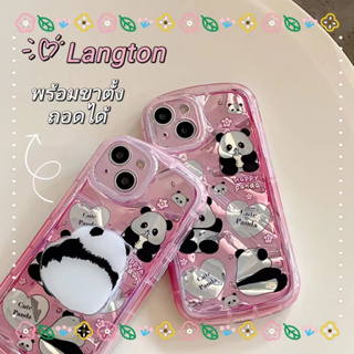 🌈Langton🌸ป้องกันการหล่น ขอบเต็ม iphone 11 14 pro max ขาตั้ง ถอดได้ หมีแพนด้า การ์ตูน สีชมพู น่ารัก case for iPhone 12 13