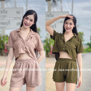 🔥Java wa shop🔥ชุดเซ็ท2ชิ้น เสื้อครอปเชิ้ต + กางเกงขาสั้นสีล้วนผ้าอัดยับ