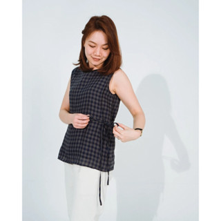 Motherowl - Gingham Sleeveless Blouse with Waist Strap - เสื้อ Gingham ผูกโบว์ข้าง