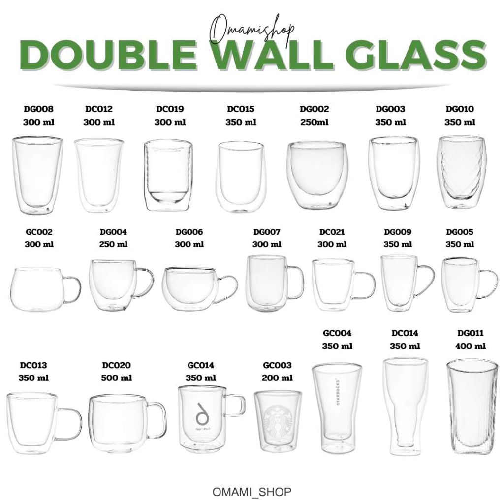 2/19 รวมแก้วน้ำสองชั้น แก้วใส ใส่ได้ทั้งน้ำร้อน/เย็น มีหลากหลายแบบ 80-400ml Double Wall Glass สวยงาม ทนทาน
