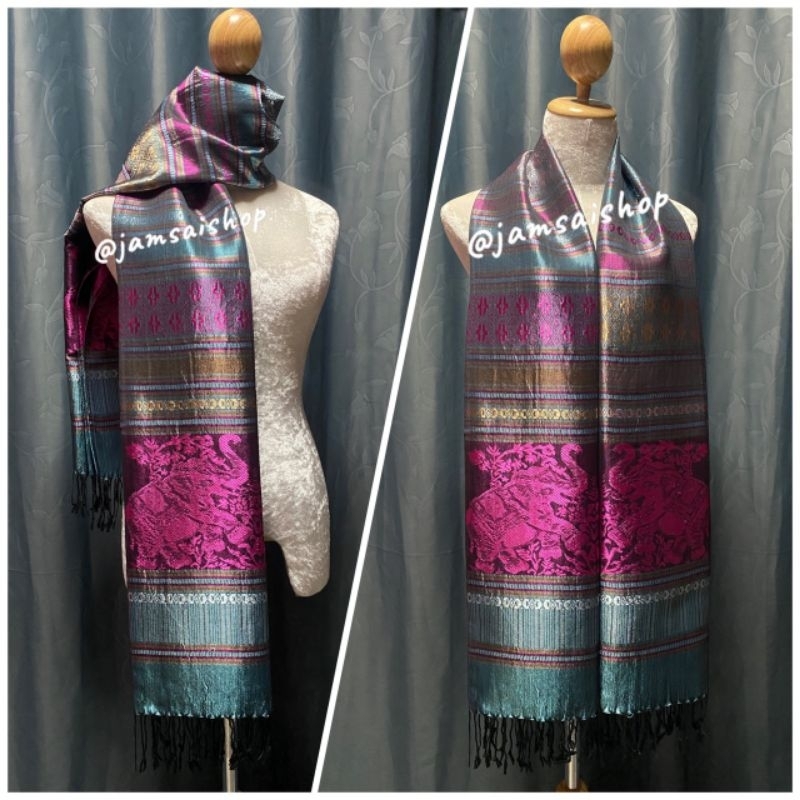 ผ้าคลุมไหล่ ผ้าพันคอผ้าไหมเทียมลายช้างมีหลายสี - รูปที่ 6