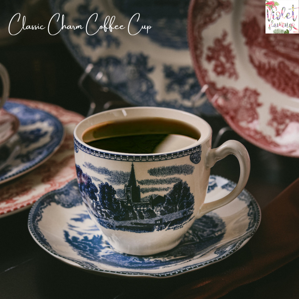 Violet Flamingo Classic Charm Coffee Cup Set แก้วกาแฟ/แก้วชาพร้อมจานรองสไตล์อังกฤษ มี 2 สีให้เลือก
