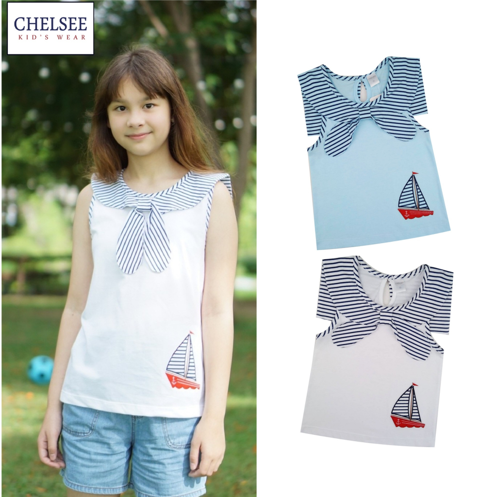 Chelsee เสื้อยืดคอกลม เด็กผู้หญิง รุ่น 237881 ปกทหารเรือ ลายเรือใบ ผ้า 100%Cotton อายุ 2-10ปี เสื้อผ้าแฟชั่นเด็กโต