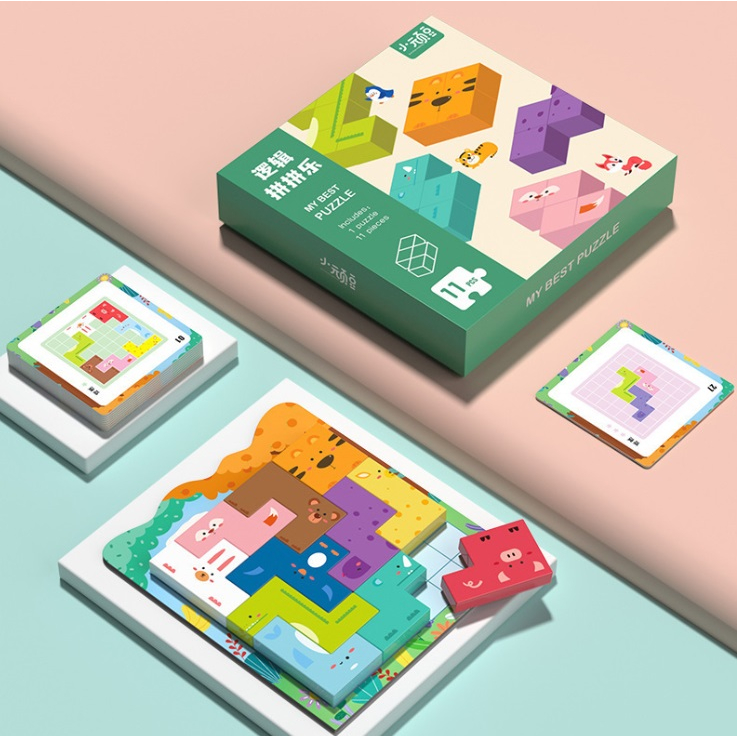 Magnetic tetris block puzzle เกมบล็อกปริศนา บล็อกแม่เหล็ก เตตริส บล็อคไม้เตตริส บล็อคไม้ลายสัตว์ log