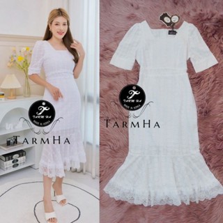 เดรสขาวงานบุญ,ชุดไปวัด!!! S-6XL Dress เดรสสีขาวคอเหลี่ยมชายระบายลูกไม้ งานป้าย Tarm Ha