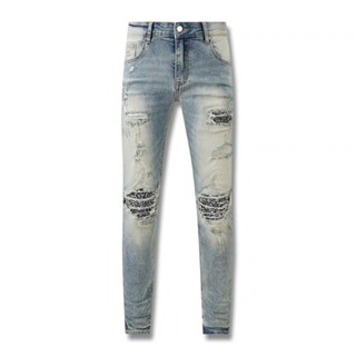 AMIRI blue washed water grinding white micro elastic slim jeans