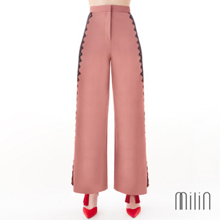 [MILIN] Cai Yuan High waisted Side lace detail Textured polyester Wide leg pants กางเกงขายาวแต่งผ้าลูกไม้ 28